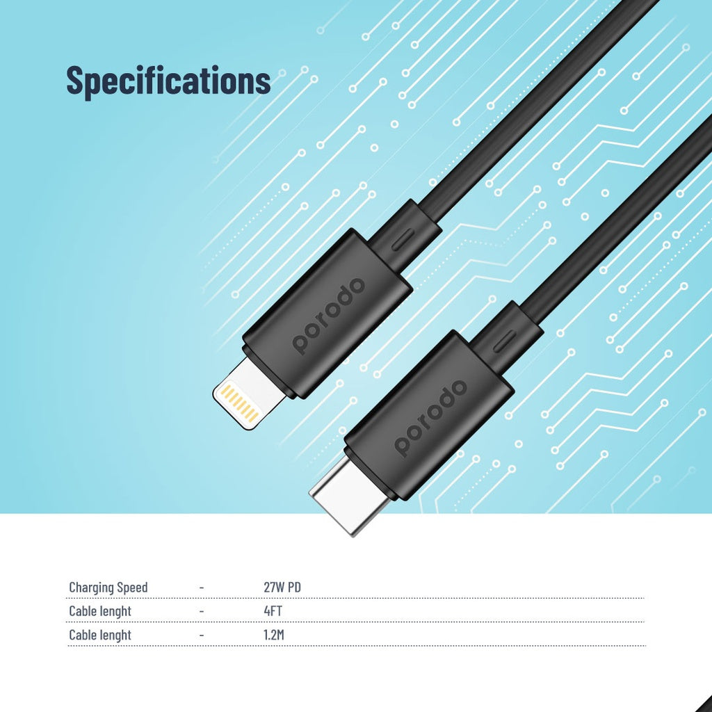 Porodo Blue 20W PD Type C to Lightning PVC Cable 1.2M - Black