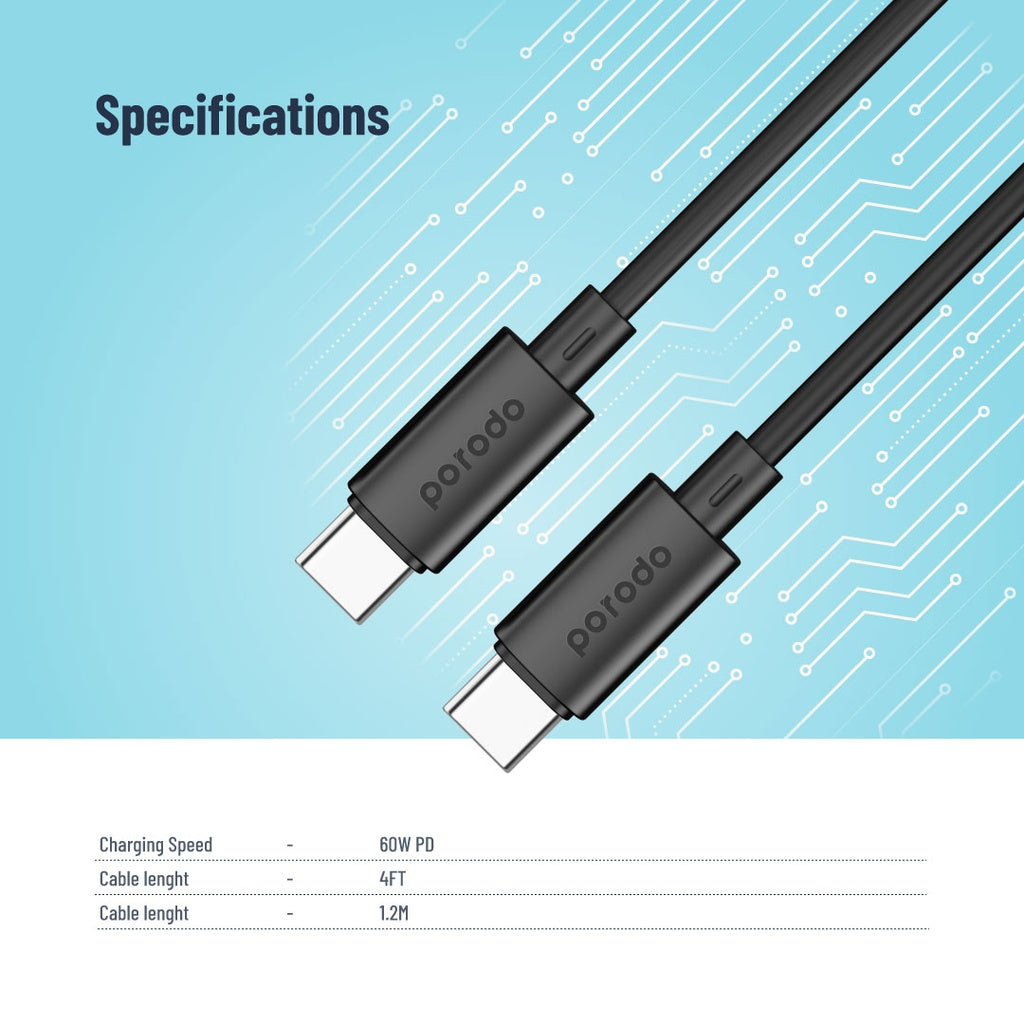 Porodo Blue 60W PD Type C to C PVC Cable 1.2M - Black
