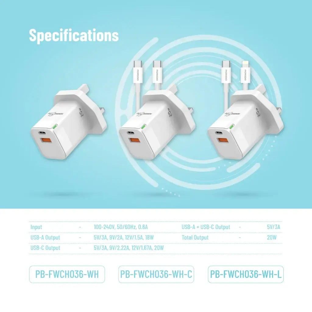 Porodo Blue Ultra-Quick Charger USB-A to USB-C - White