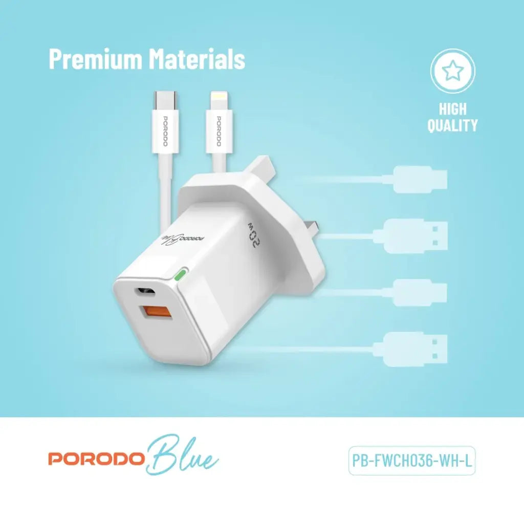Porodo Blue Ultra-Quick Charger USB-A to USB-C (1m Lightning Cable Included) - White