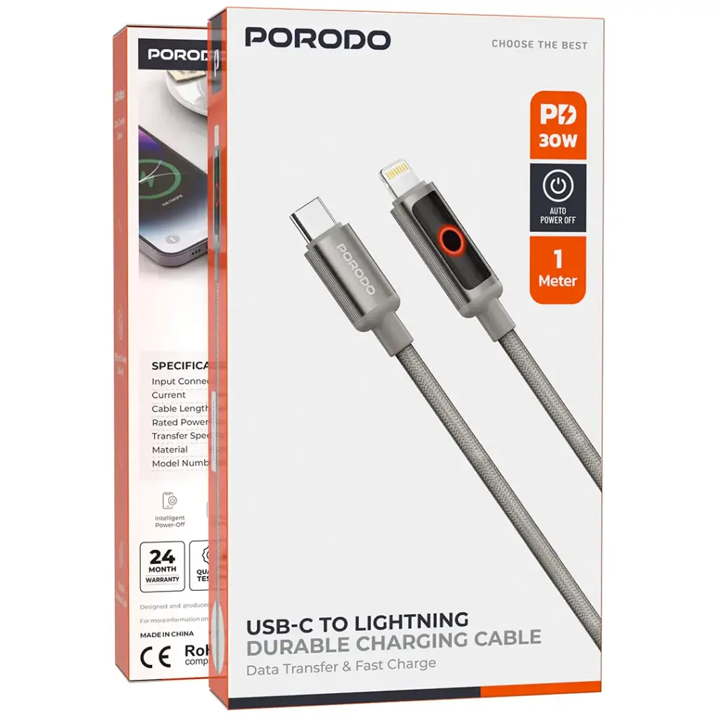 Porodo ChargeLite USB-C to Lightning High-Speed Charging Cable - Gray
