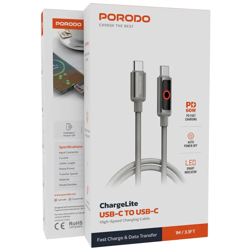 Porodo ChargeLite USB-C to USB-C High-Speed Charging Cable - Gray