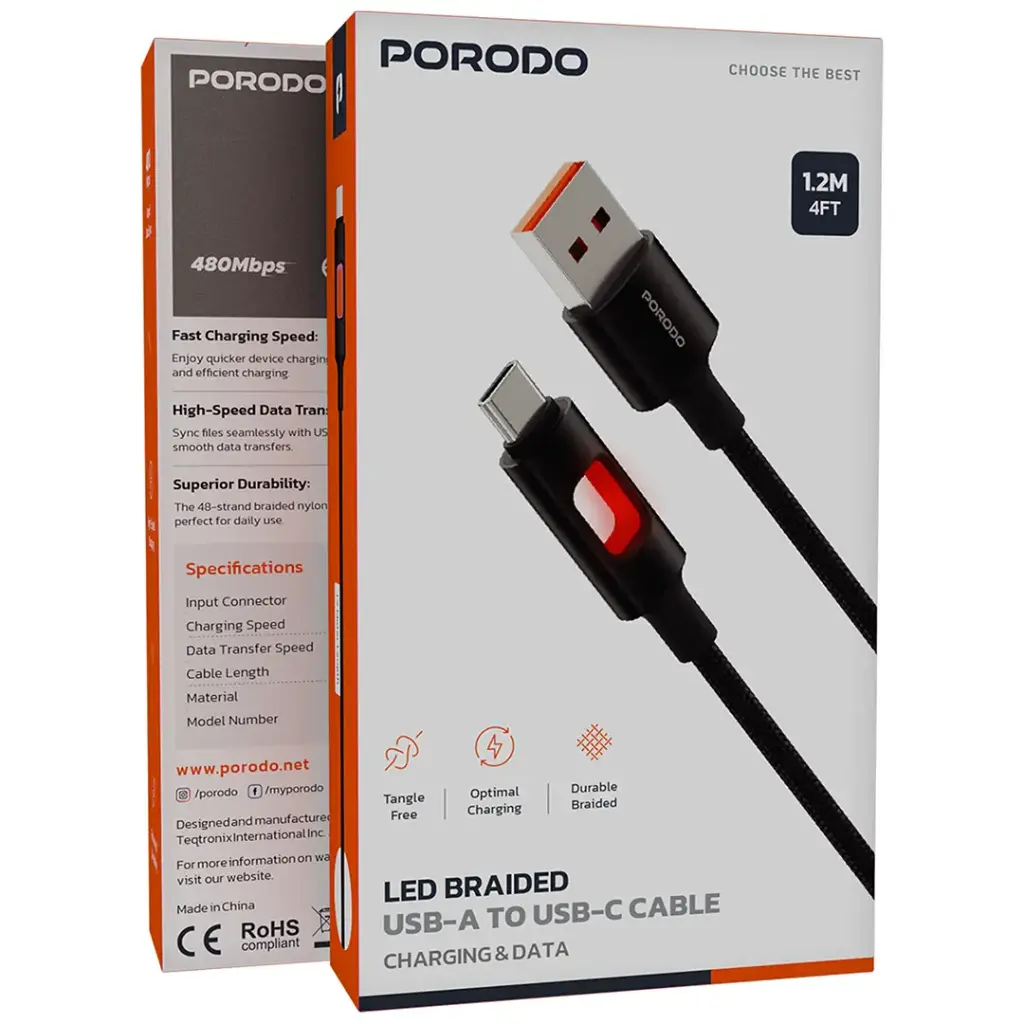 Porodo USB-A To USB-C LED Braided