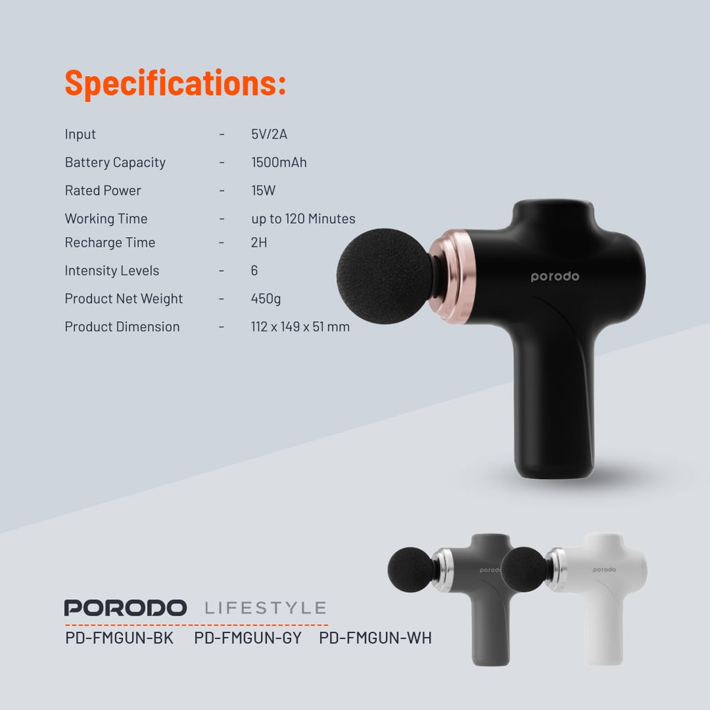 Porodo Lifestyle Precision Handheld Massager with 4 Interchangeable Head- Black