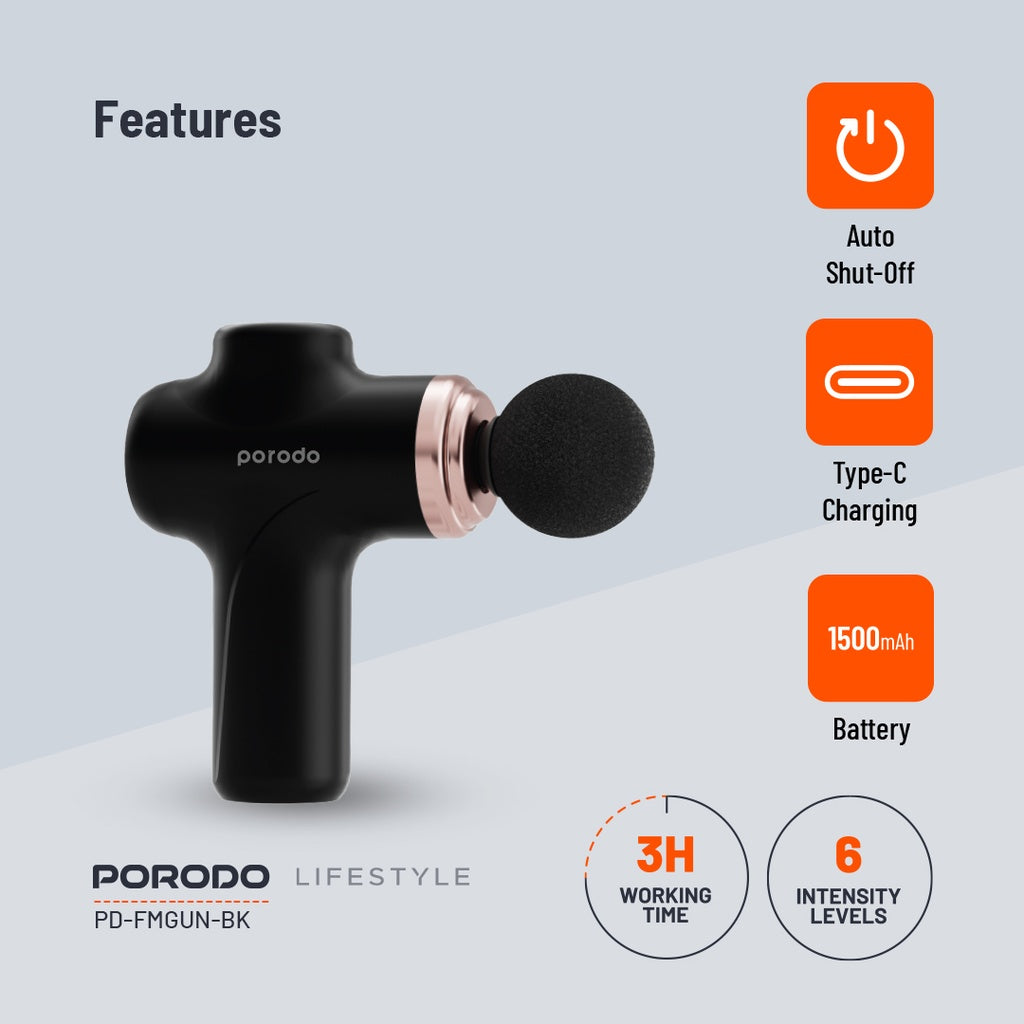 Porodo Lifestyle Precision Handheld Massager with 4 Interchangeable Head- Black