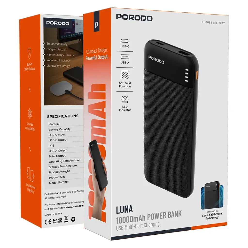 Porodo Luna Pro Power Bank with USB Multi-Port Charging - 10000 Black