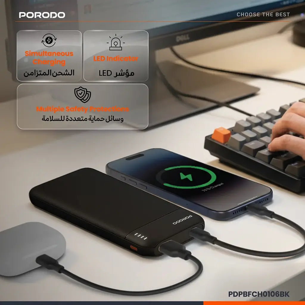 Porodo Luna Pro Power Bank with USB Multi-Port Charging - 10000 Black