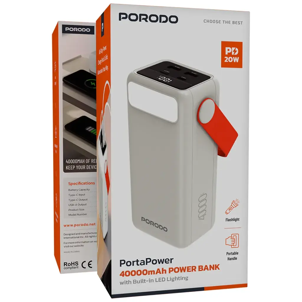 Porodo PortaPower 40000mAh Power Bank with Built-In LED Lighting - White