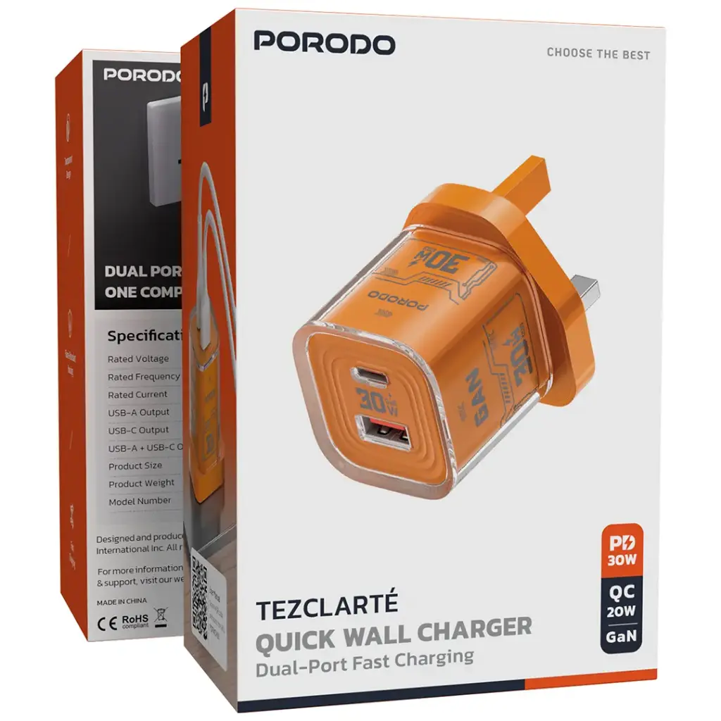 Porodo Tezclarte Quick Wall Charger Dual-Port Fast Charging - Orange