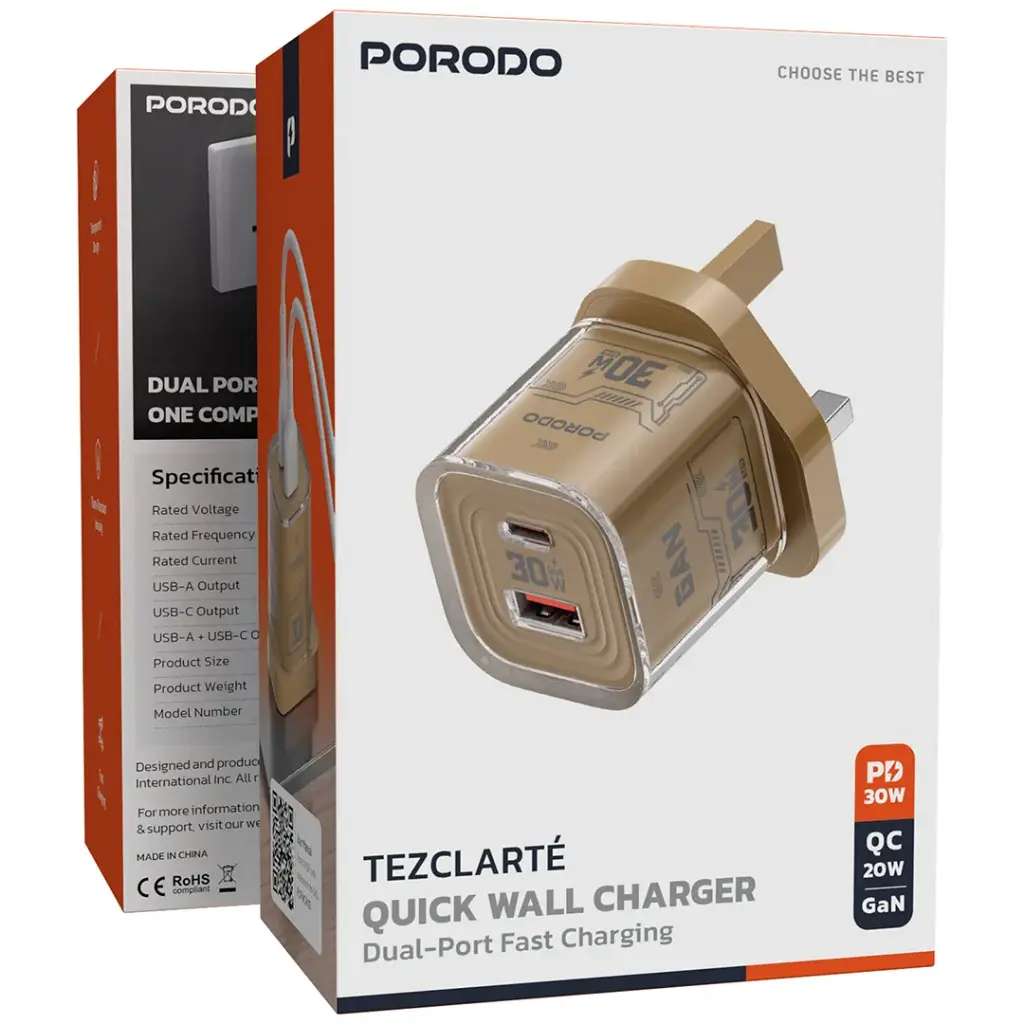 Porodo Tezclarte Quick Wall Charger Dual-Port Fast Charging - khakl