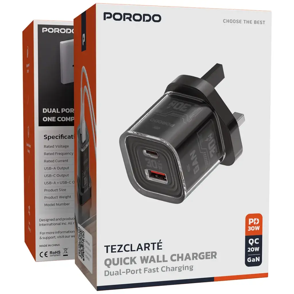 Porodo Tezclarte Quick Wall Charger Dual-Port Fast Charging - black