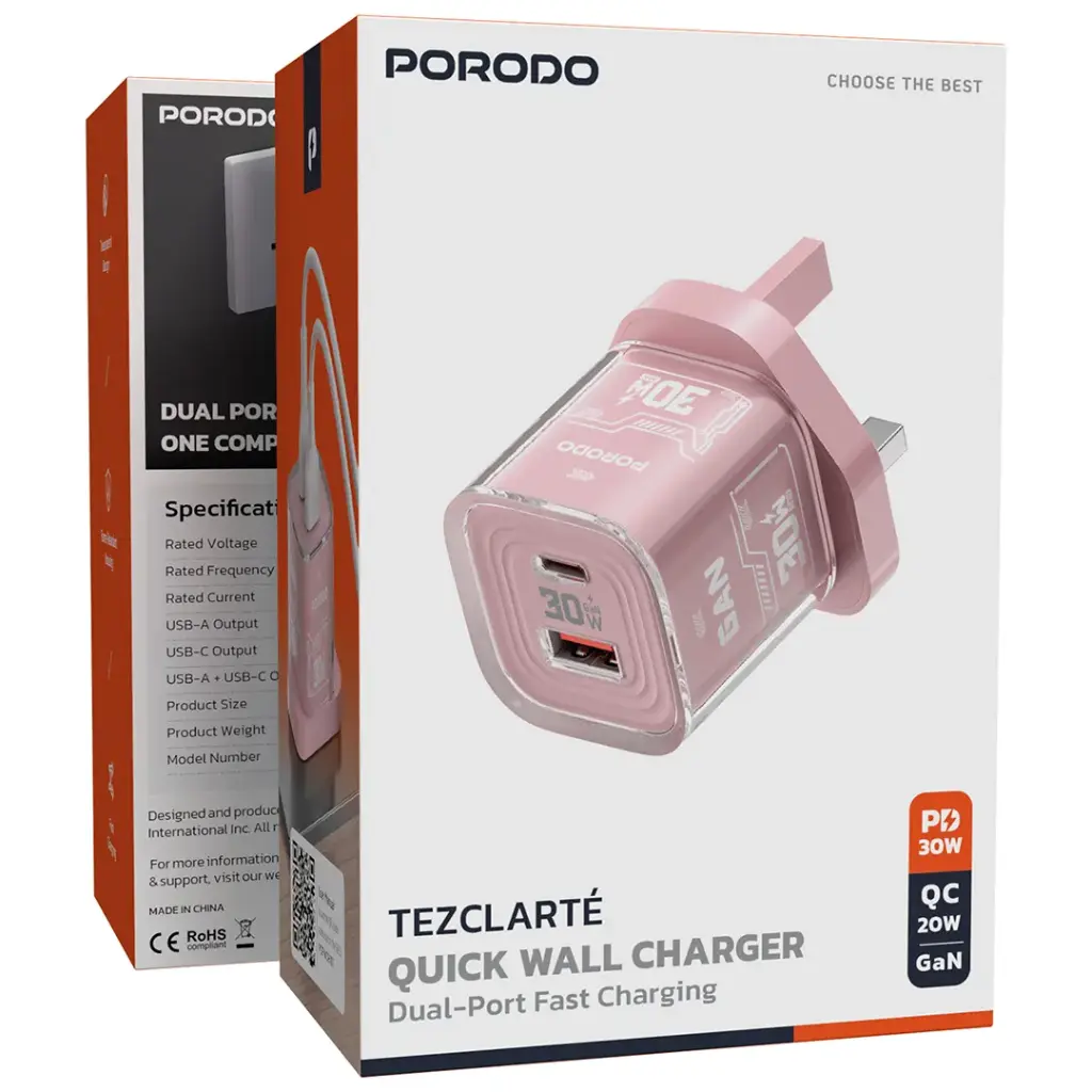 Porodo Tezclarte Quick Wall Charger Dual-Port Fast Charging -Pink