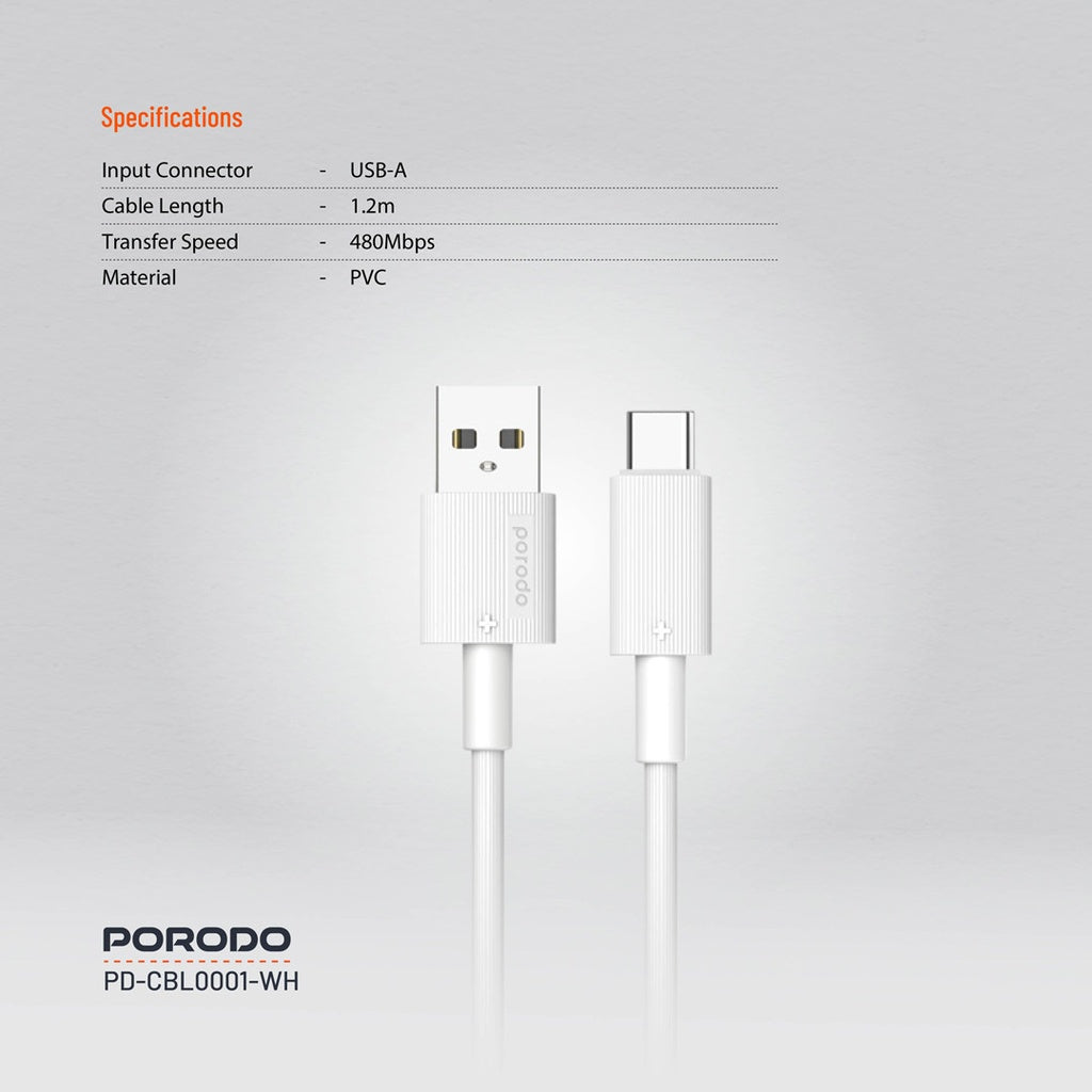 كابل شحن متين من Porodo USB-A إلى Type-C