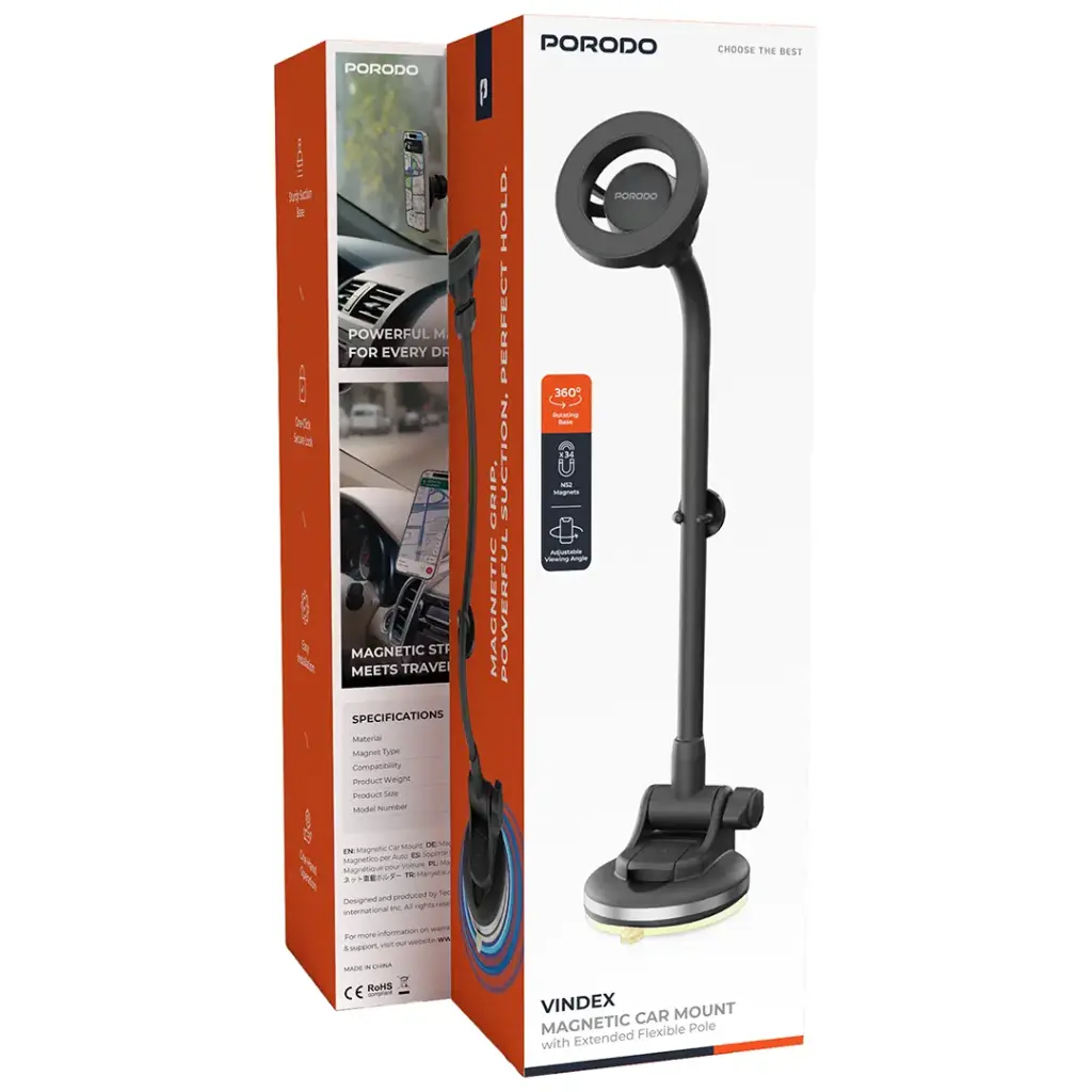 Porodo Vindex Magnetic Car Mount with Extended Flexible Pole - Black