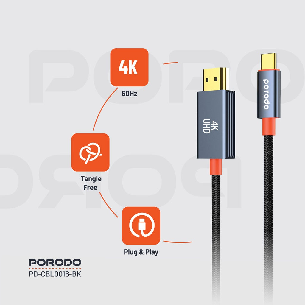 Porodo  Type-C to HDMI Woven Cable - Black