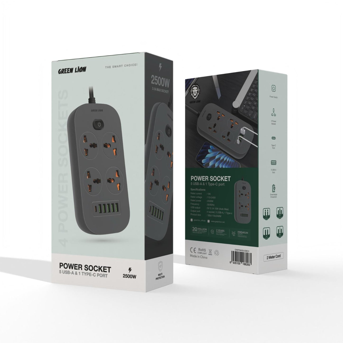 GREEN LION POWER SOCKET 5 USB-A & 1 TYPE C, 2 METER 2500W- GRAY