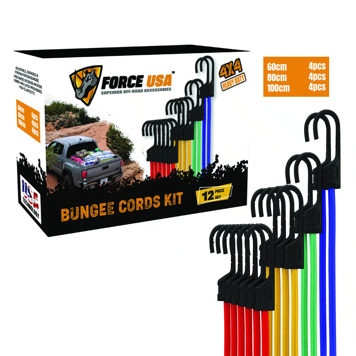 FORCE USA Premium Bungee Cords kit (12PCS)