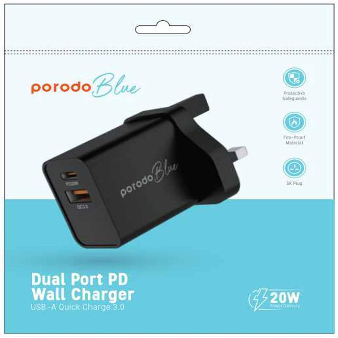 شاحن حائط Porodo Blue Dual Port Wall Charger USB-A Quick Charge 3.0