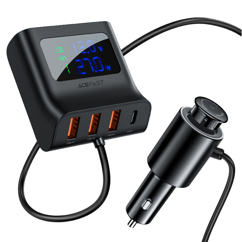 AceFast 90W 4-IN-1 Car Charger Splitter With LED Digital Display Black