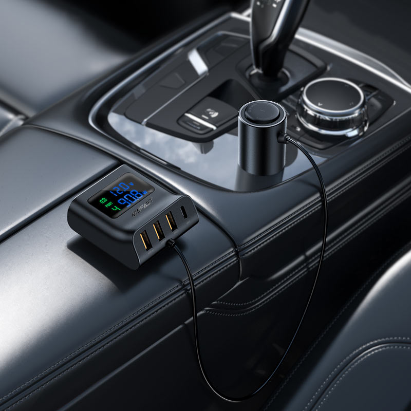AceFast 90W 4-IN-1 Car Charger Splitter With LED Digital Display Black