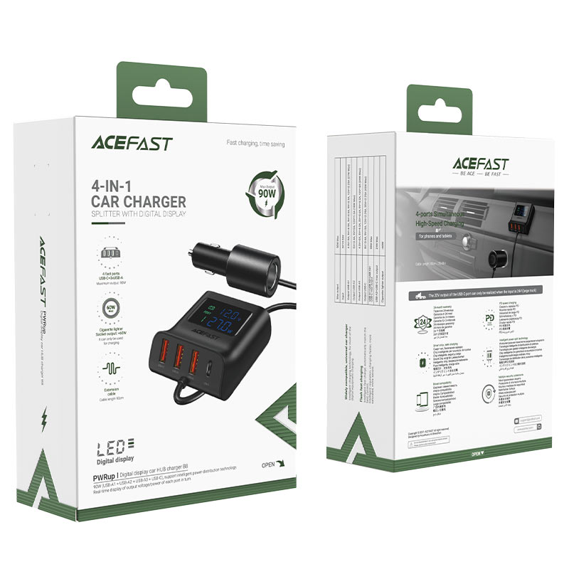 AceFast 90W 4-IN-1 Car Charger Splitter With LED Digital Display Black