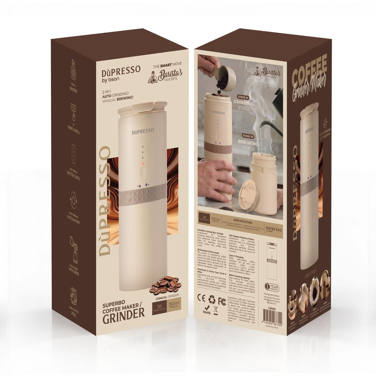 DùPRESSO by Bson Superbo 2-in-1 Coffee Grinder & Maker – 38 Grind Levels, 350ml